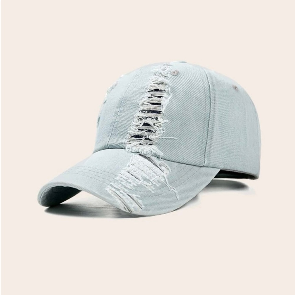 Distressed denim baseball cap